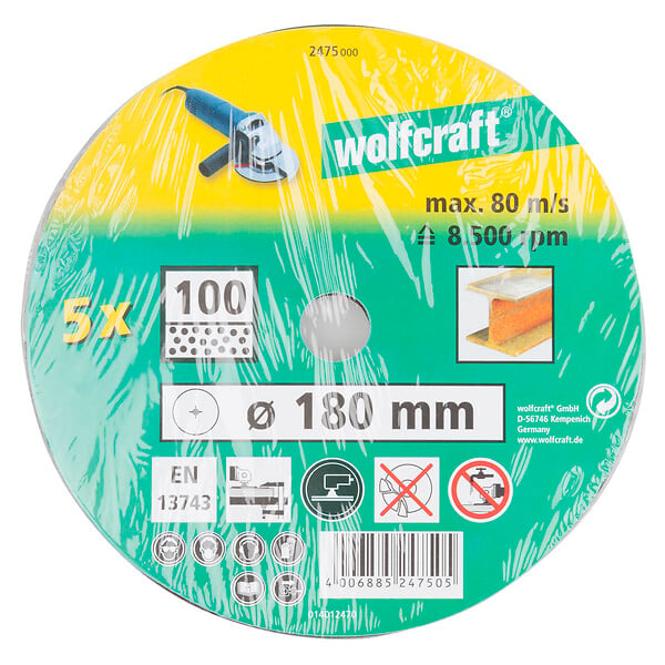 WOLFCRAFT - 5 Disques fibre p. meul. Gr100 D178mm - large