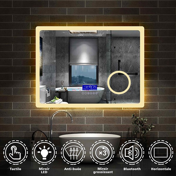 AICA SANITAIRE - AICA Miroir simple de salle de bain tricolore réglable LED avec bluetooth, anti-buée et miroir grossissant,horizontal 100*60cm - large