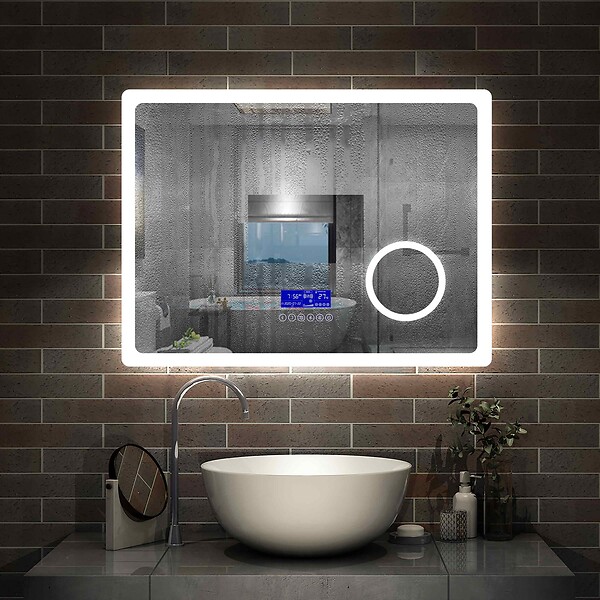 AICA SANITAIRE - AICA Miroir simple de salle de bain tricolore réglable LED avec bluetooth, anti-buée et miroir grossissant,horizontal 100*60cm - large