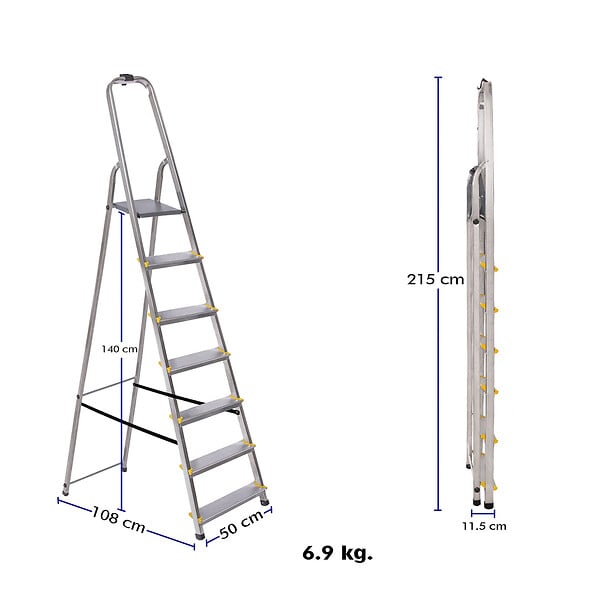 HOSTRÃ–M - Escabeau 7 marches DURA pliable, marchepied léger en aluminium, hauteur plateforme 140cm, pieds antidérapants, charge 150kg, garantie 5 ans Hoström - large