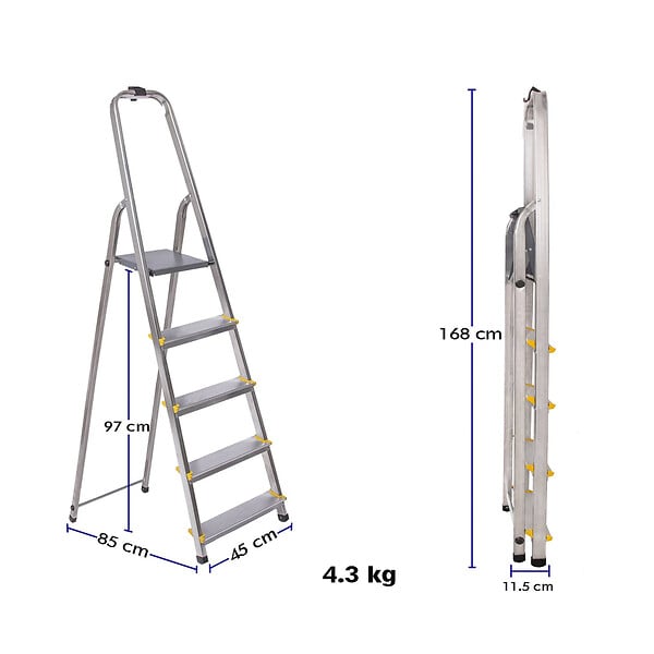 HOSTRÃ–M - Escabeau 5 marches DURA pliable, marchepied léger en aluminium, hauteur plateforme 97cm, pieds antidérapants, charge 150kg, garantie 5 ans Hoström - large