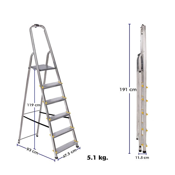 HOSTRÃ–M - Escabeau 6 marches DURA pliable, marchepied léger en aluminium, hauteur plateforme 119cm, pieds antidérapants, charge 150kg, garantie 5 ans Hoström - large