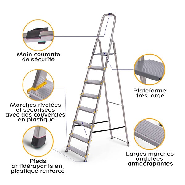 HOSTRÃ–M - Escabeau 8 marches DURA pliable, marchepied léger en aluminium, hauteur plateforme 162cm, pieds antidérapants, charge 150kg, garantie 5 ans Hoström - large