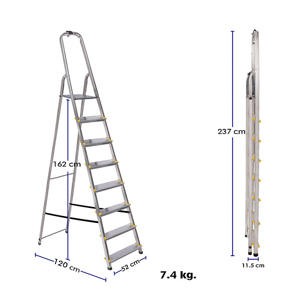 HOSTRÃ–M - Escabeau 8 marches DURA pliable, marchepied léger en aluminium, hauteur plateforme 162cm, pieds antidérapants, charge 150kg, garantie 5 ans Hoström - large