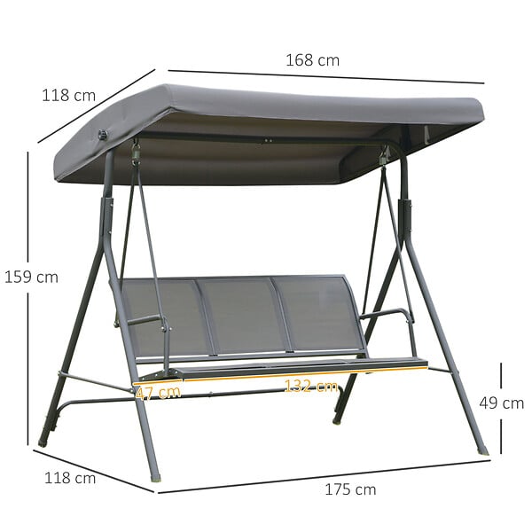 OUTSUNNY - Balancelle de jardin 3 places grand confort toit inclinaison réglable assise et dossier ergonomique acier textilène gris - large