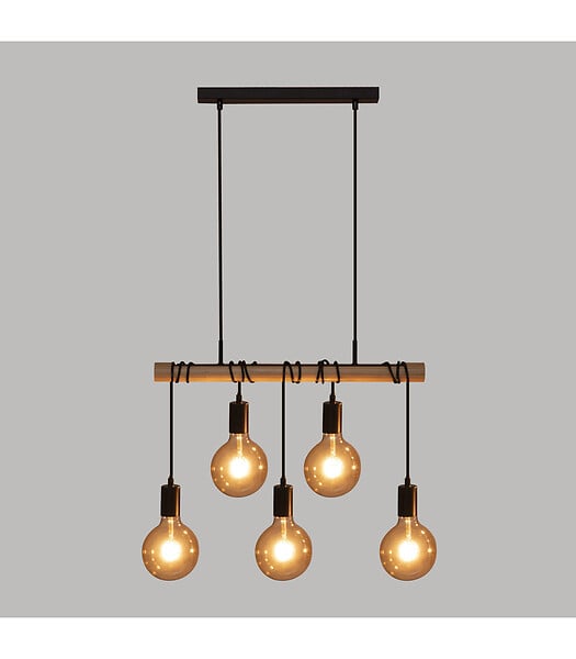 ATMOSPHERA - Luminaire Suspension 5 Lampes en Métal Noir et Bois de Pin L 60 cm - large