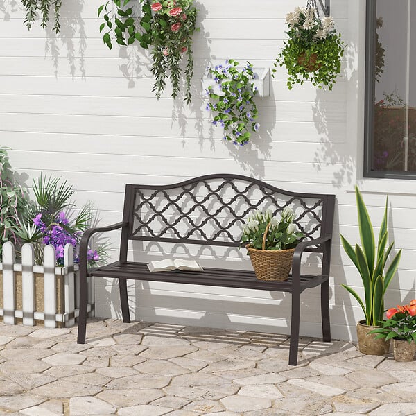 OUTSUNNY - Banc 3 places de jardin terrasse style rural chic 128L x 60l x 89H cm métal époxy anticorrosion fonte brun - large