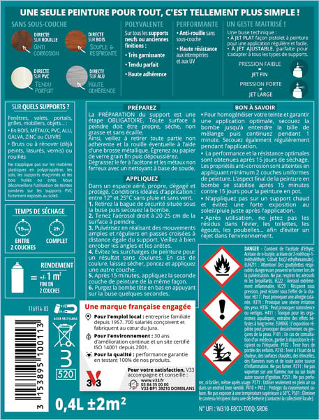 V33 PEINTURE - Peinture aérosol multi-matériaux DP beige argile 400 ML - large