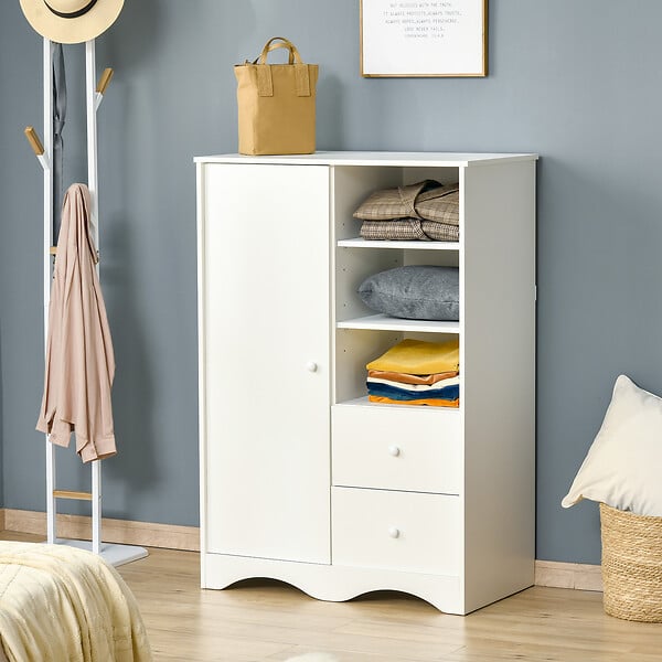 HOMCOM - Armoire - meuble multi-rangements - placard porte 5 étagères, 3 niches, 2 tiroirs - panneaux de particules blanc - large
