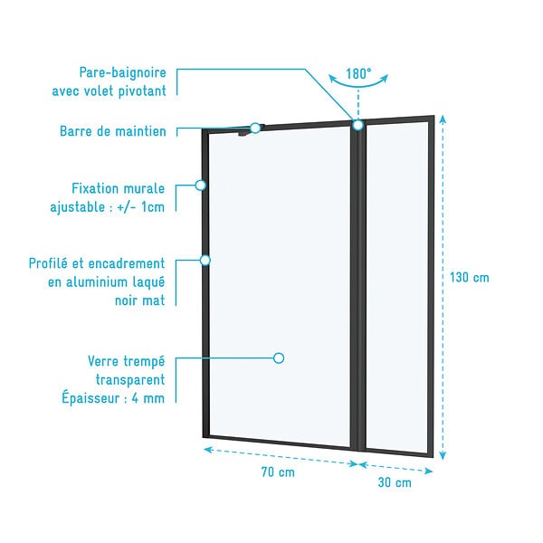 AURLANE - Pare baignoire avec Volet Pivotant 70+30x130cm - Finition Noir Mat - DARK CONTOURING SCREEN - large