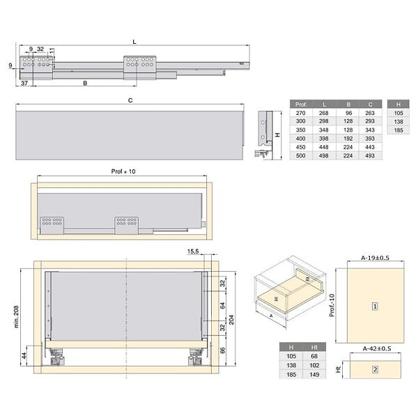 EMUCA - Kit de tiroir pour cuisine et sdb Concept - H. 185mm - P. 350mm - Fermeture amortie - Acier - Blanc - large