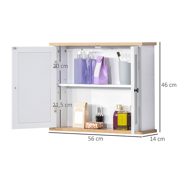 HOMCOM - Armoire murale de salle de bain avec étagère réglable et 2 portes avec miroir en MDF - dim. 56I x 14P x 46H cm - large