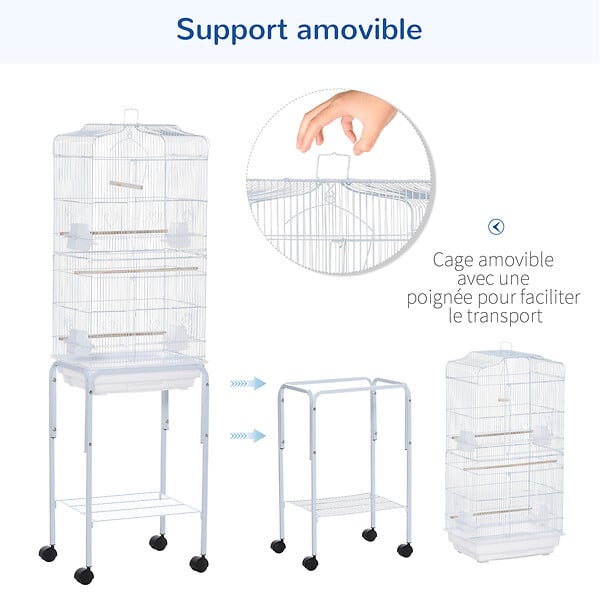 PAWHUT - PawHut Cage à oiseaux sur pied volière oiseaux sur roulettes avec toit ouvrant 3 perchoirs étagère inférieure 46,5 x 36 x 157 cm - large