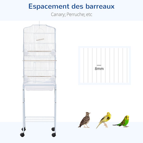 PAWHUT - PawHut Cage à oiseaux sur pied volière oiseaux sur roulettes avec toit ouvrant 3 perchoirs étagère inférieure 46,5 x 36 x 157 cm - large