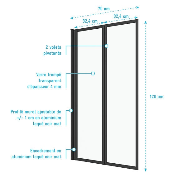 AURLANE - Pare baignoire Pivotant 70x120cm - 2 Volets Noir Mat - Verre Trempé 4mm - DUPLO - large