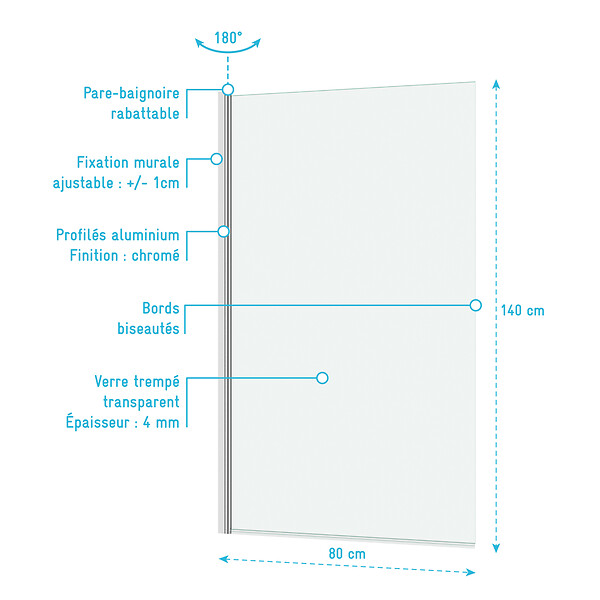AURLANE - Pare baignoire Rabattable 80x140cm - Profilé Chromé - Verre Trempé 4mm - ELEMENTARY - large