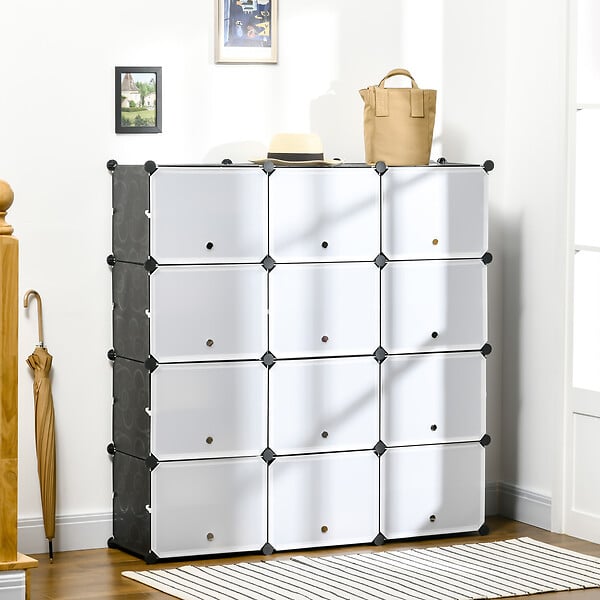 HOMCOM - Meuble de rangement - meuble à chaussures modulable 12 casiers avec portes et étagères - dim. 125L x 32l x 125H cm - PP noir blanc - large