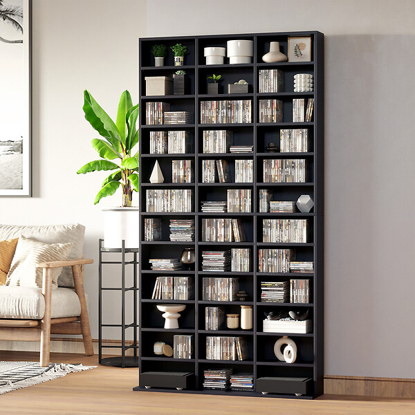 HOMCOM - Étagère rangement CD/DVD meuble de rangement pour 1116 CDs 33 compartiments réglables en hauteur 102 x 24 x 195 cm noir - large