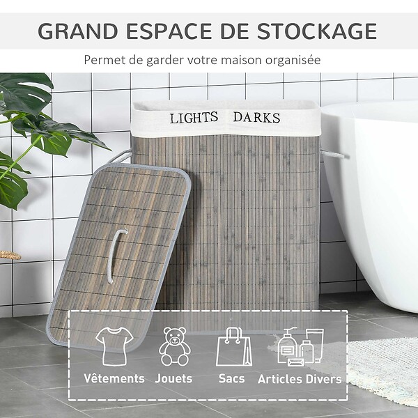 HOMCOM - Panier à linge corbeille à linge 2 bacs bambou pliable couvercle poignée sac amovible en toile gris - large