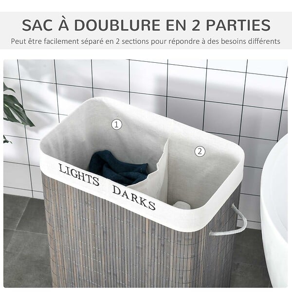 HOMCOM - Panier à linge corbeille à linge 2 bacs bambou pliable couvercle poignée sac amovible en toile gris - large