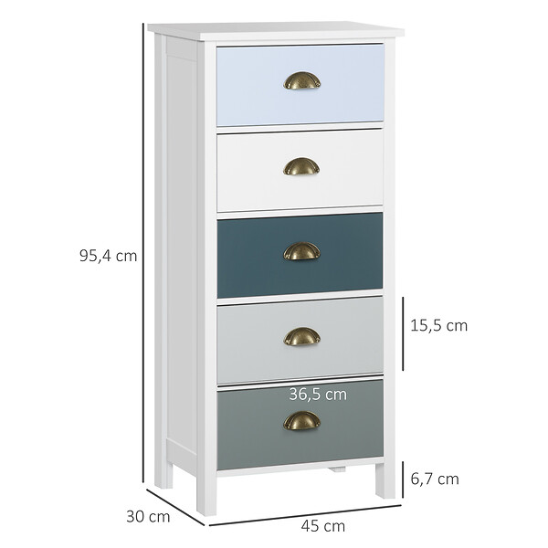 HOMCOM - Meuble de rangement chiffonnier style néo-rétro 5 tiroirs poignées coquilles MDF blanc bleu gris - large