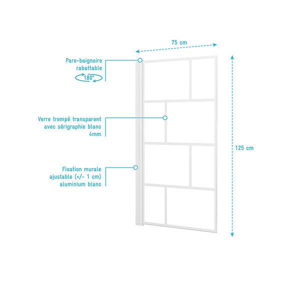 AURLANE - Pare Baignoire Rabattable 75x125cm - Sérigraphie Briques Blanches - Verre Trempé 4mm - large