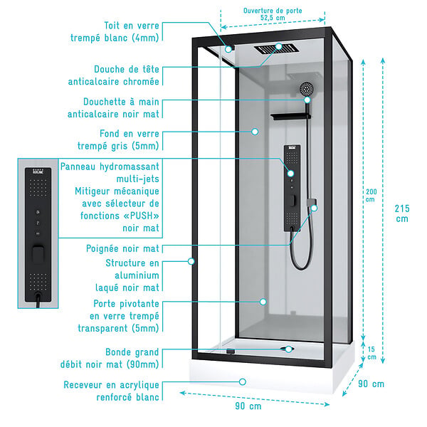 AURLANE - Cabine de douche Hydromassante 90x90x215 cm - Fonds Gris et Profilés Noir Mat - GREY STYLE - large