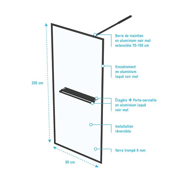 AURLANE - Paroi de Douche Noir Mat 90x200cm - Porte-serviette et étagère - DARK CONTOURING SHELF - large
