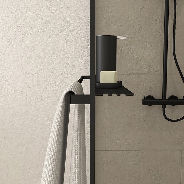 AURLANE - Paroi de Douche Noir Mat 90x200cm - Porte-serviette et étagère - DARK CONTOURING SHELF - large
