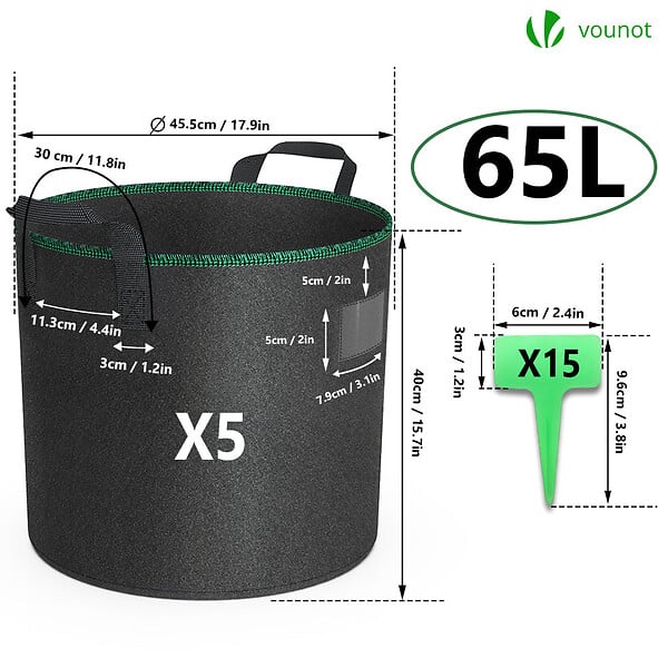 VOUNOT - Lot de 5 sacs de plantation non tisse 65L avec poignee Noir - large
