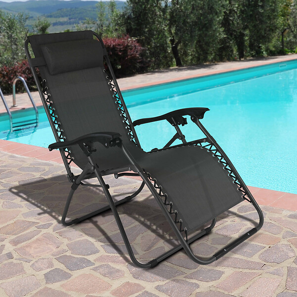 OVIALA - Fauteuil relax de jardin en acier et textilène inclinable noir - Monaco - large