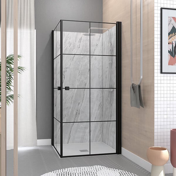 AURLANE - Portes de Douche en Angle 90x90x190 cm - Motifs carrés - Profilés Noir Mat - BLACK CUBE - large