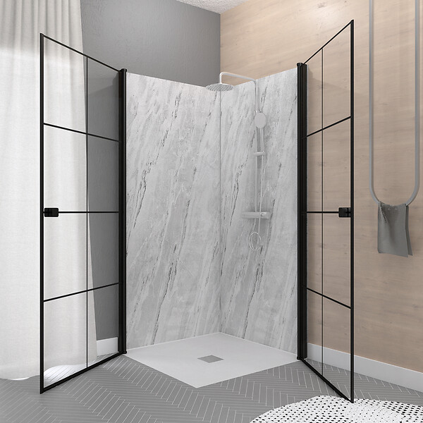 AURLANE - Portes de Douche en Angle 90x90x190 cm - Motifs carrés - Profilés Noir Mat - BLACK CUBE - large