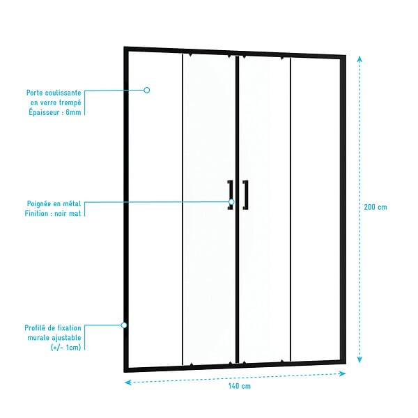 AURLANE - Porte de douche Double Coulissant 140x200 cm - Verre transparent - Profilé Noir - CRUSH - large