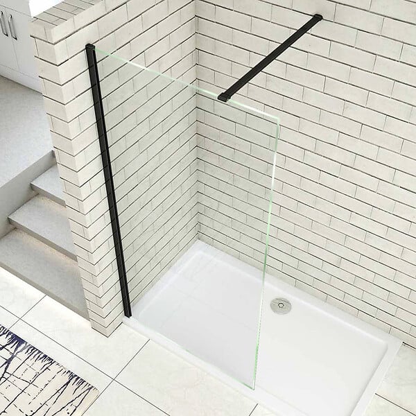 AICA SANITAIRE - Paroi de douche 100x200cm avec barre de fixation 90cm recoupable, profilé noir mat, AICA paroi de douche à l'italienne en 8mm verre securit anticalcaire - large