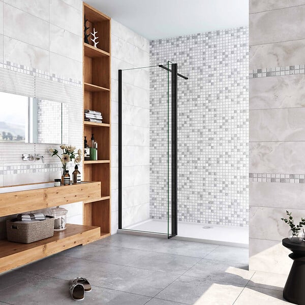 AICA SANITAIRE - Paroi de douche 70+40x200cm avec barre de fixation 90cm recoupable, AICA paroi de douche à l'italienne avec retour pivotant 40cm en 8mm verre anticalcaire, profilé noir mat - large