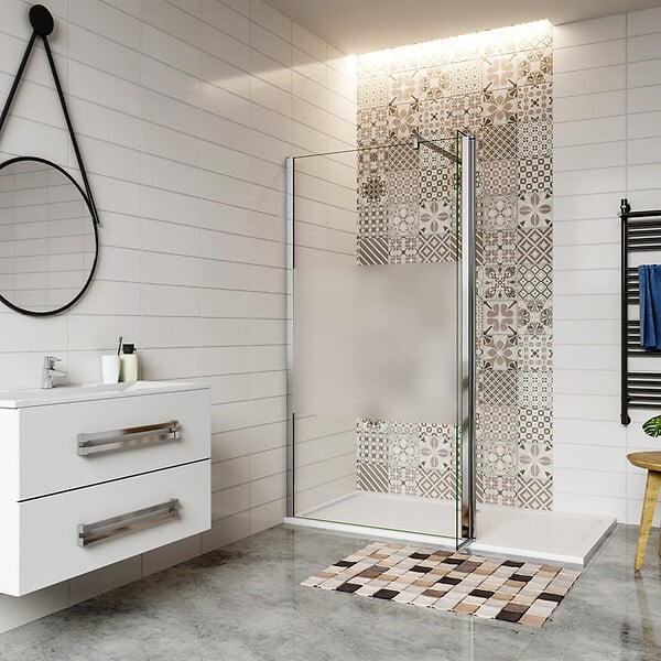 AICA SANITAIRE - Paroi de douche à l'italienne 90+30x200cm avec barre de fixation 140cm en carré, paroi de douche bande central dépoli avec retour pivotant - large