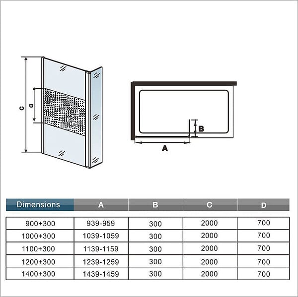 AICA SANITAIRE - Paroi de douche à l'italienne 90+30x200cm avec barre de fixation 140cm en carré, paroi de douche bande central dépoli avec retour pivotant - large