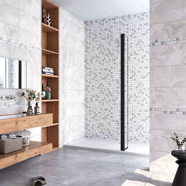 AICA SANITAIRE - Volet pivotant seul 40x200cm pour paroi de douche italienne noire en verre 8mm, retour pivotant à 180°, verre anticalcaire - large
