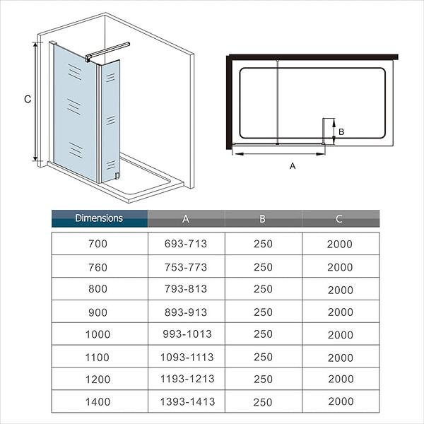 AICA SANITAIRE - Paroi de douche avec retour pivotant fixé 90+25x200cm avec barre de fixation 90cm en carré, AICA paroi de douche à l'italienne en 8mm verre anticalcaire - large