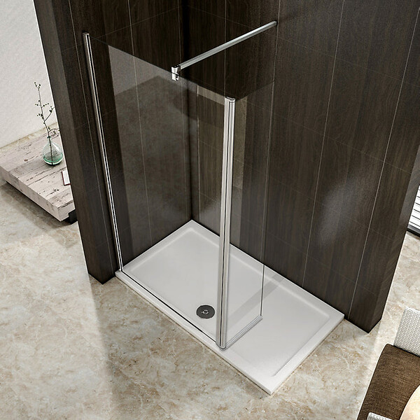 AICA SANITAIRE - Paroi de douche 60+30x200cm avec barre de fixation 140cm en carré, verre 8mm anticalcaire, AICA paroi de douche à l'italienne avec retour pivotant 30cm - large