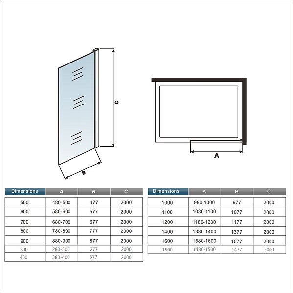 AICA SANITAIRE - Paroi de douche 130x200cm avec barre de fixation 70-120cm en cylindrique, profilé en chromé, AICA paroi de douche à l'italienne en 8mm verre anticalcaire et securit - large