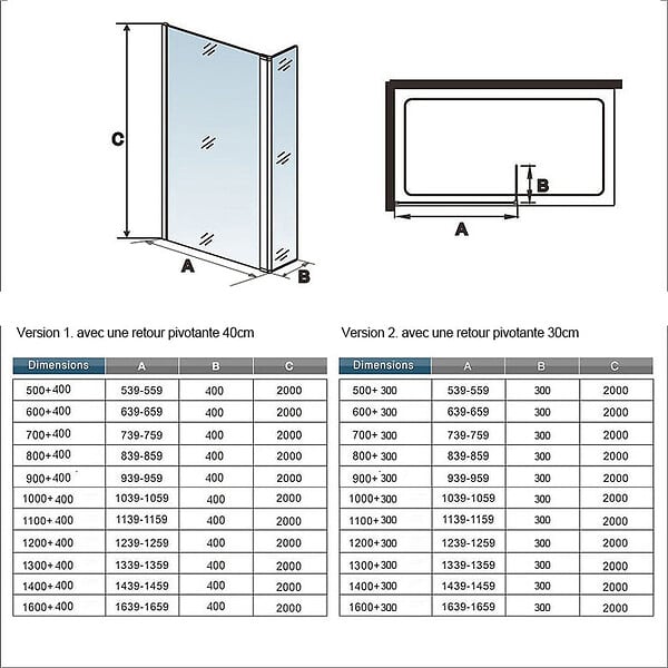 AICA SANITAIRE - Paroi de douche 90+30x200cm avec barre de fixation 90cm recoupable, AICA paroi de douche à l'italienne avec retour pivotant 30cm en 8mm verre anticalcaire, profilé noir mat - large