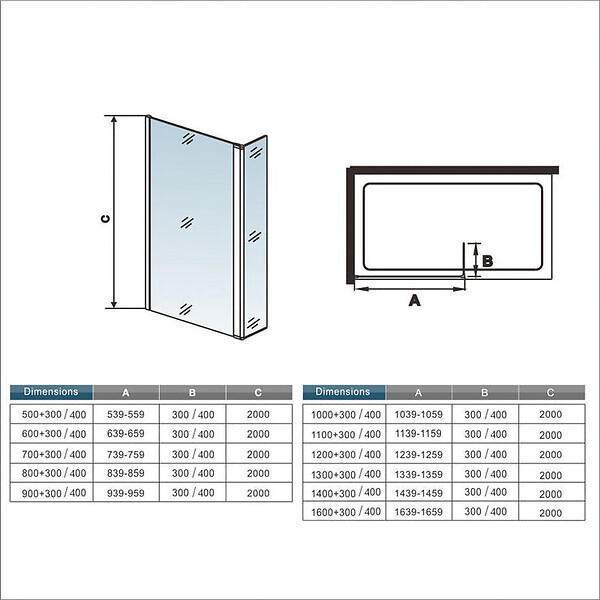 AICA SANITAIRE - Paroi de douche 80+40x200cm avec barre de fixation 73-120cm en carré, verre 8mm clair de sécurité, AICA paroi de douche à l'italienne avec retour pivotant 40cm - large