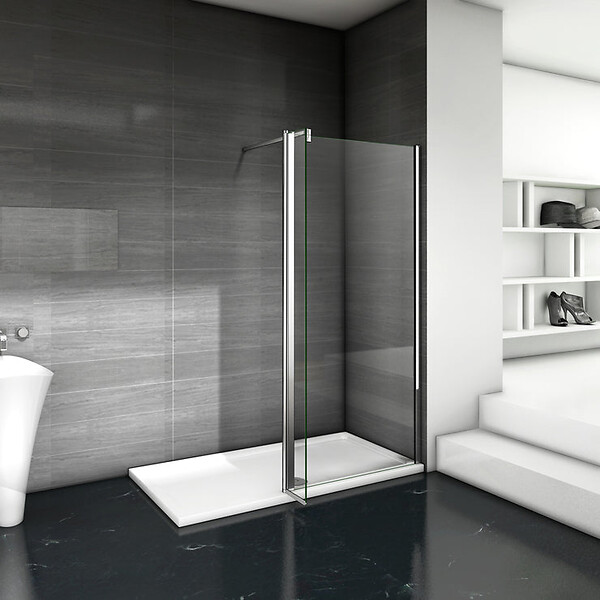 AICA SANITAIRE - Paroi de douche 120+40x200cm avec barre de fixation 140cm en carré, verre 8mm clair de sécurité, AICA paroi de douche à l'italienne avec retour pivotant 40cm - large