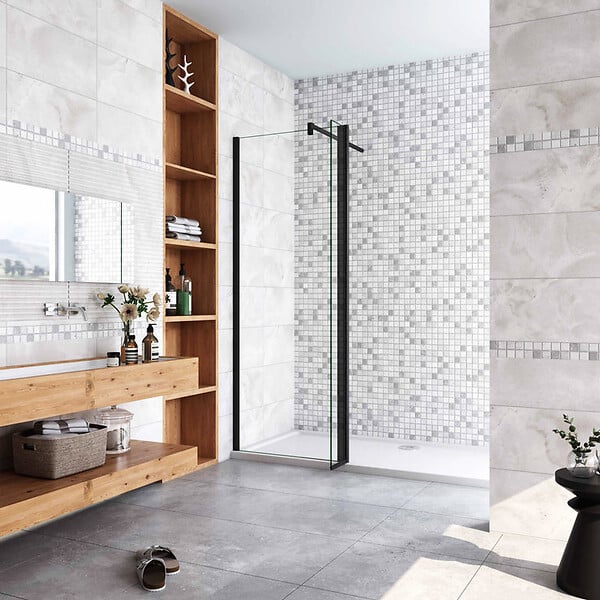 AICA SANITAIRE - Paroi de douche 80+40x200cm avec barre de fixation 140cm en carré, AICA paroi de douche à l'italienne avec retour pivotant 40cm en 8mm verre anticalcaire, profilé noir mat - large