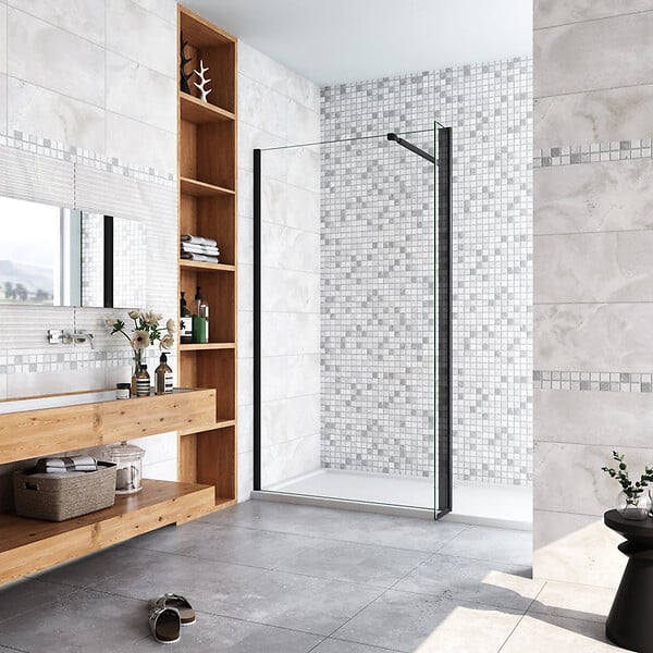 AICA SANITAIRE - Paroi de douche 140+40x200cm avec barre de fixation 73-120cm en carré, AICA paroi de douche à l'italienne avec retour pivotant 40cm en 8mm verre anticalcaire, profilé noir mat - large