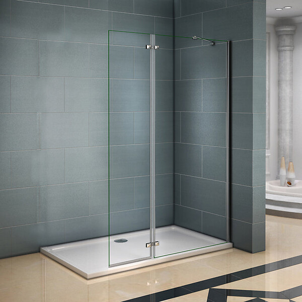 AICA SANITAIRE - Paroi de douche avec retour pivotant 90+40x200cm, charnières, AICA paroi de douche à l'italienne en verre anticalcaire avec barre de fixation d'angle 45cm - large