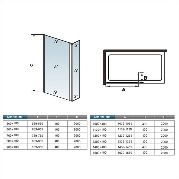 AICA SANITAIRE - Paroi de douche 60+30x200cm avec barre de fixation 70-120cm en cylindrique, verre 8mm anticalcaire, AICA paroi de douche à l'italienne avec retour pivotant 30cm - large