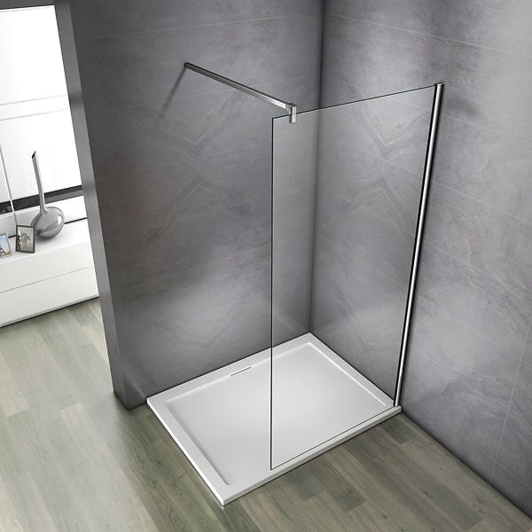 AICA SANITAIRE - Paroi de douche 130x200cm verre 10mm avec barre de fixation 140cm en carré, AICA paroi de douche à l'italienne en verre securit anticalcaire - large